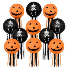 Halloween Paper Lanterns Set of 10 - Pumpkin  7.9 inches, Orange, Black
