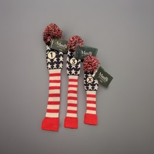 MaxFli Driver, 3 Wood, Hybrid Headcovers, Red, White  Blue Knit, 3 Pieces Pom