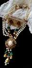 MIRIAM HASKELL 50'S SIGN 2-PC SET: PEARL~RUBY~JADE BEADS GOLD GILT BRASS ACCENTS
