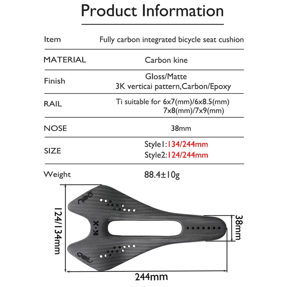 Cojín de asiento integrado de fibra de carbono mate/brillante 3K para bicicletas de montaña/carretera Foto 2 de 4