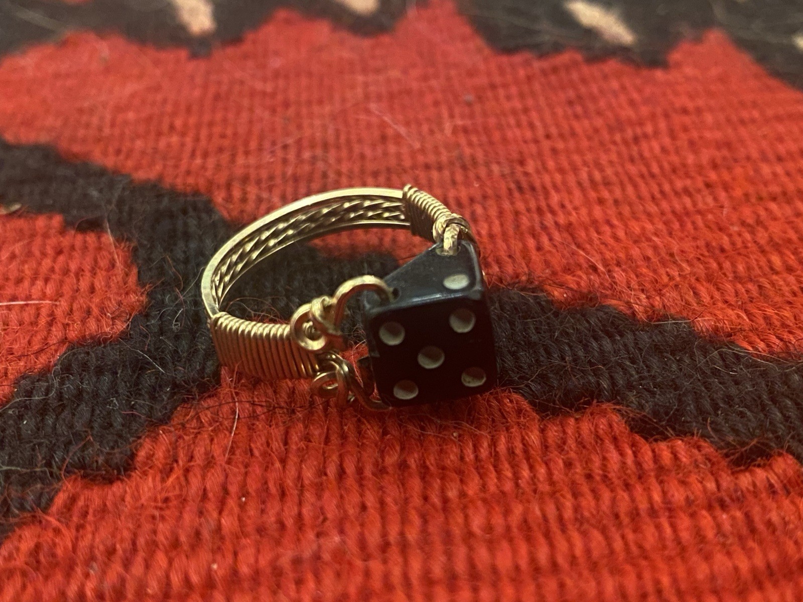 Antique Gold Filled Wire Wrap Black Bakelite Dice Ring Size 9.5 Vintage cherry