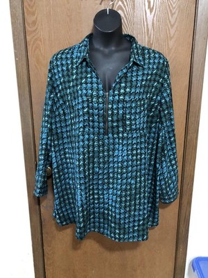 Catherines Green, Aqua, Black Houndstooth Collared Tunic 3X