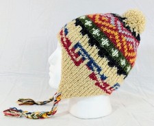 Colorful Soft Alpaca Chullo Beige Beanie Pom Pom Earflap Unisex Handmade Boho