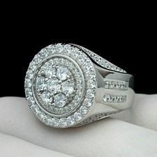 Men's 3Ct Round Cut Real Moissanite Cluster Wedding Ring 14K White Gold Plated