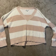 American Eagle Shirt Womens M Pink & Cream Striped V-Neck Sweater Knit Tunic
