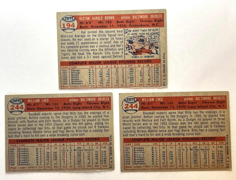 1957 Topps Baltimore Orioles Team Lote (6) — Brown, Ginsberg, Loes, tarjeta de equipo Foto 3 de 4