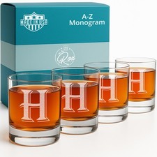 On The Rox [H-Monogram] - 4 Piece Set of 11 Ounce Engraved Heavy Base Rocks W...