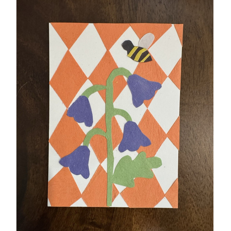 ACEO original collage Bee & Bellflowers Folk Art Modern Nature Floral