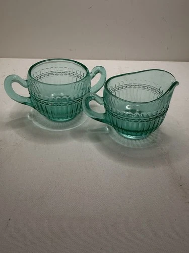 VTG Teal Green Depression Glass Creamer And Sugar Set With Ribbing Detail  1930