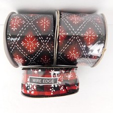  X3 Simply Winter Christmas Wire Edge Ribbon 25 Ft Black / Red Snowflake - NEW