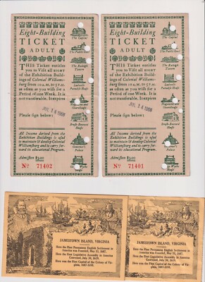 Two EA Eight-Building Ticket Colonial Williamsburg & 2 Jamestown Island VA 1950s