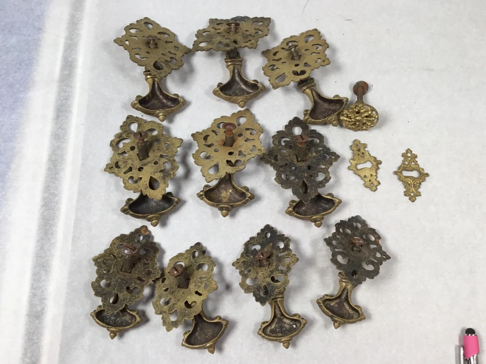 Cajón ornamentado vintage perillas abatibles mango latón rescatado 10 piezas #264 Foto 2 de 4