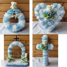 Baby Child Infant Funeral Flowers Artificial Tribute Teddy Wreath Blue