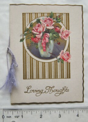 vintage: Loving Thoughts card - vase of pink roses