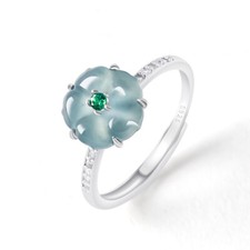 Blue Myanmar Jadeite Flower Rings Natural Burmese Jade 925 Silver