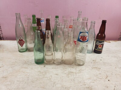 Lot Of 25 Vintage Soda Pop Bottles Coke Pepsi RC 7up Barqs Towne Club Fanta JK