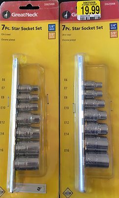 2 SETS GREAT NECK 7 PC E-TORX STAR SOCKETS 1/4 AND 3/8 DRIVE  