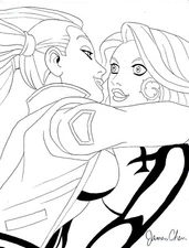 POISON IVY AND HARLEY QUINN KISS ORIGINAL COMIC ART 16 ON CARD STOCK