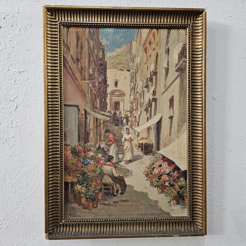 R. PASINI Street Scene Antique Painting Original Oil on Canvas Signed