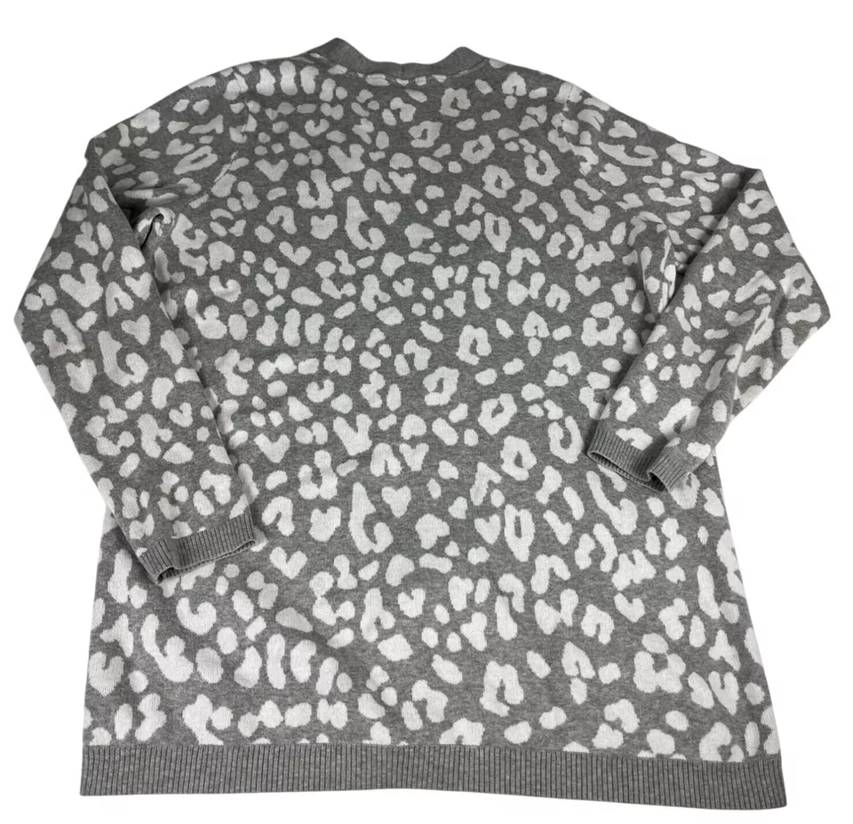 Cárdigan Suéter Kim Rogers Cheetah Estampado Animal Para Mujer L Gris Blanco Frente Abierto Foto 4 de 4