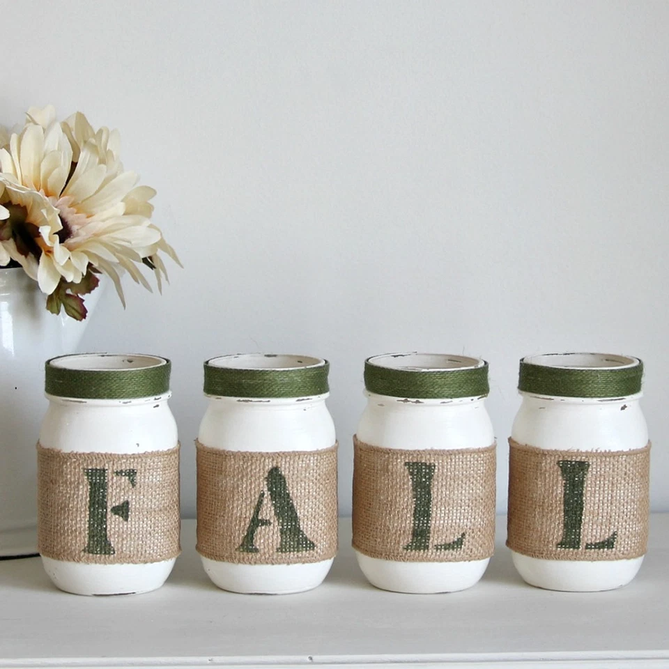 Fall Farmhouse Mason Jars Décor Set – White Green Table Centerpiece - Image 2 of 4