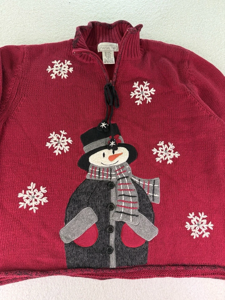Suéter Mandal Bay Muñeco de Nieve Para Mujer 2XL Cuentas Bordado Muñeco de Nieve Mitones Cremallera Foto 2 de 4