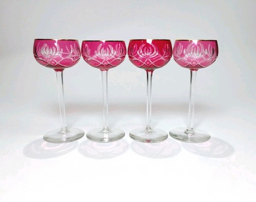 Vintage Red Cranberry Crystal Wine Glasses Cut To Clear w/ Gold Rim 7" Set of 4 - Picture 5 of 11
