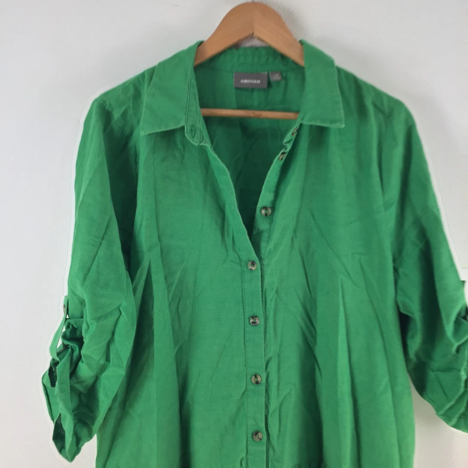 Sussan Mujer Camisa Vestido Talla 14 Verde Manga 3/4 Lino Algodón Cuello 124870 Foto 2 de 4
