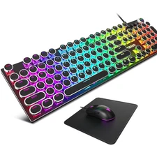 Typewriter Mechanical Gaming Keyboard and Mouse Combo, Rainbow RGB Backlit Wi...