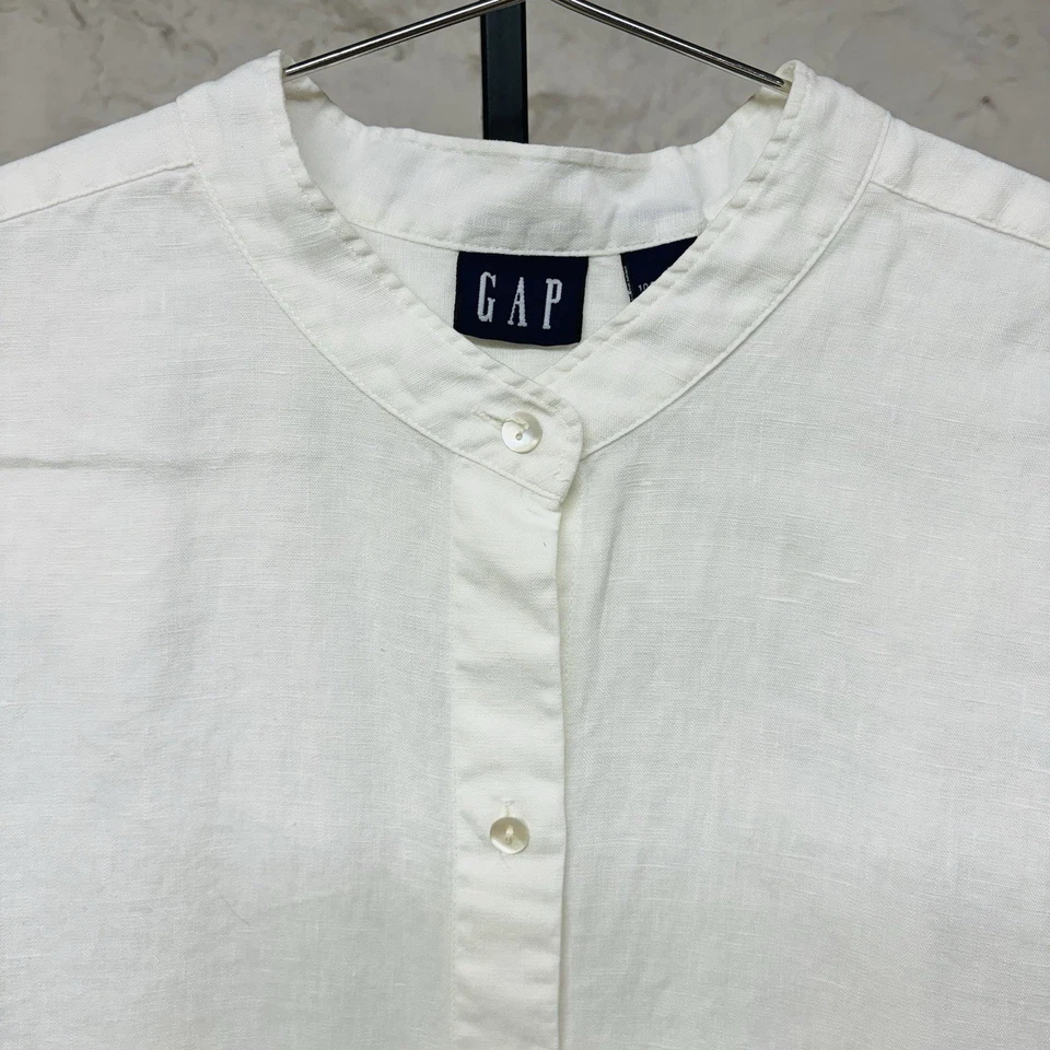 Camisa de lino con cuello de banda hueca manga larga abotonada vintage retro años 90 Hong Kong Foto 3 de 4