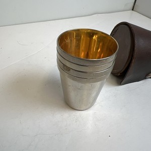 4 Silver Metal Brass-Lined Stacking Cups Shot Glass w/Leather Case Germany  