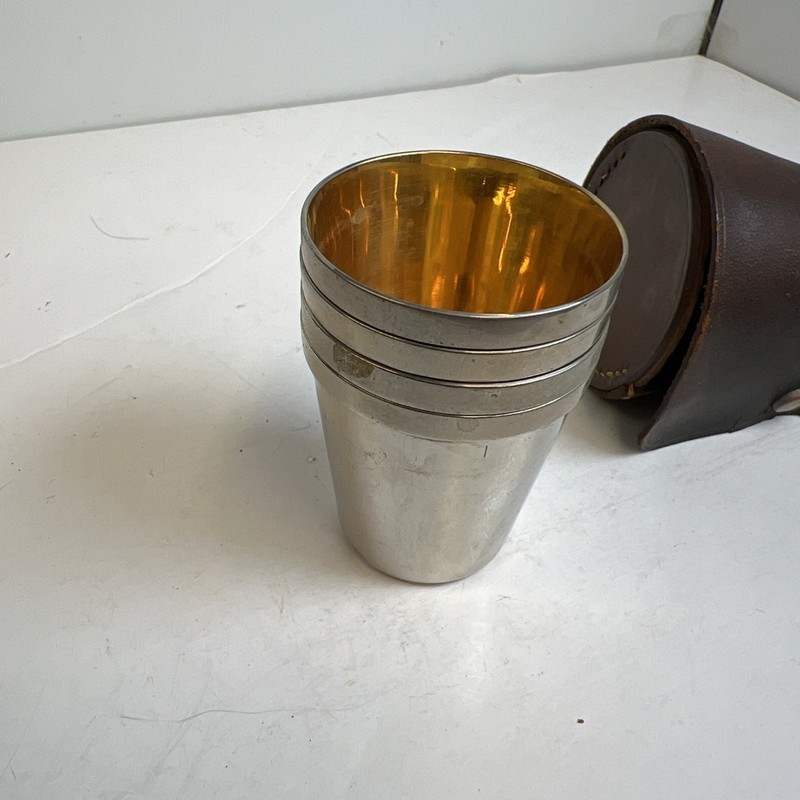 4 Silver Metal Brass-Lined Stacking Cups Shot Glass w/Leather Case Germany  
