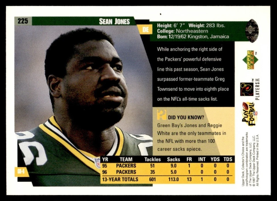 1997 Collector's Choice Sean Jones Green Bay Packers #225 15813 - Image 2 of 2