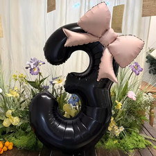2pcs Large Black Number-Shaped Foil Balloons with Matte Bow - Number 3