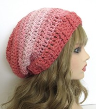 SLOUCHY BEANIE HAT SHADES OF PEACH PINK TEXTURED EDGE ACRYLIC HANDMADE CROCHET