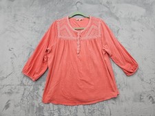 Lucky Brand Womens 1X Peasant Blouse Top 3/4 Sleeve Shirt Boho Pink Coral Button