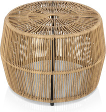 Boho Rattan Round Coffee Table with Metal Frame for Outdoor Spaces, Natural Brow