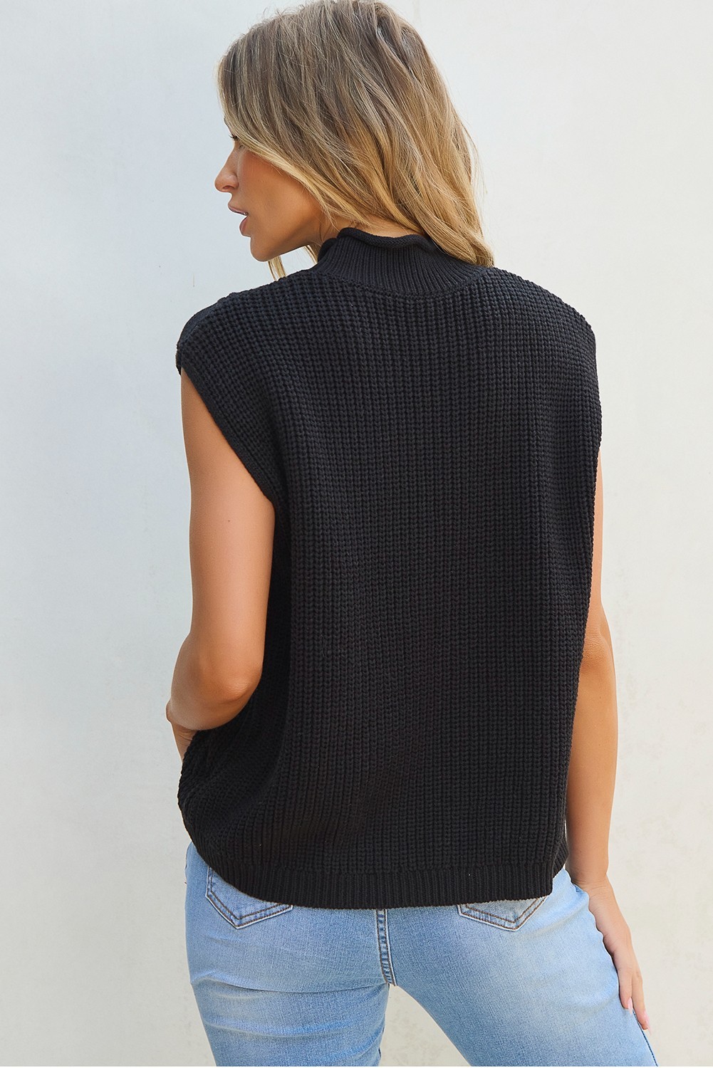 Black Cable Knit Sweater Vest XL High Neck Sleeveless Jumper Tank Top UK Size 16 image 2