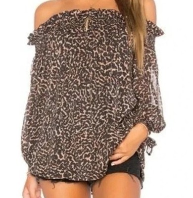 Beach Riot Off-Shoulder Leopard Print chiffon-like Blouse S Flowy Romantic Boho