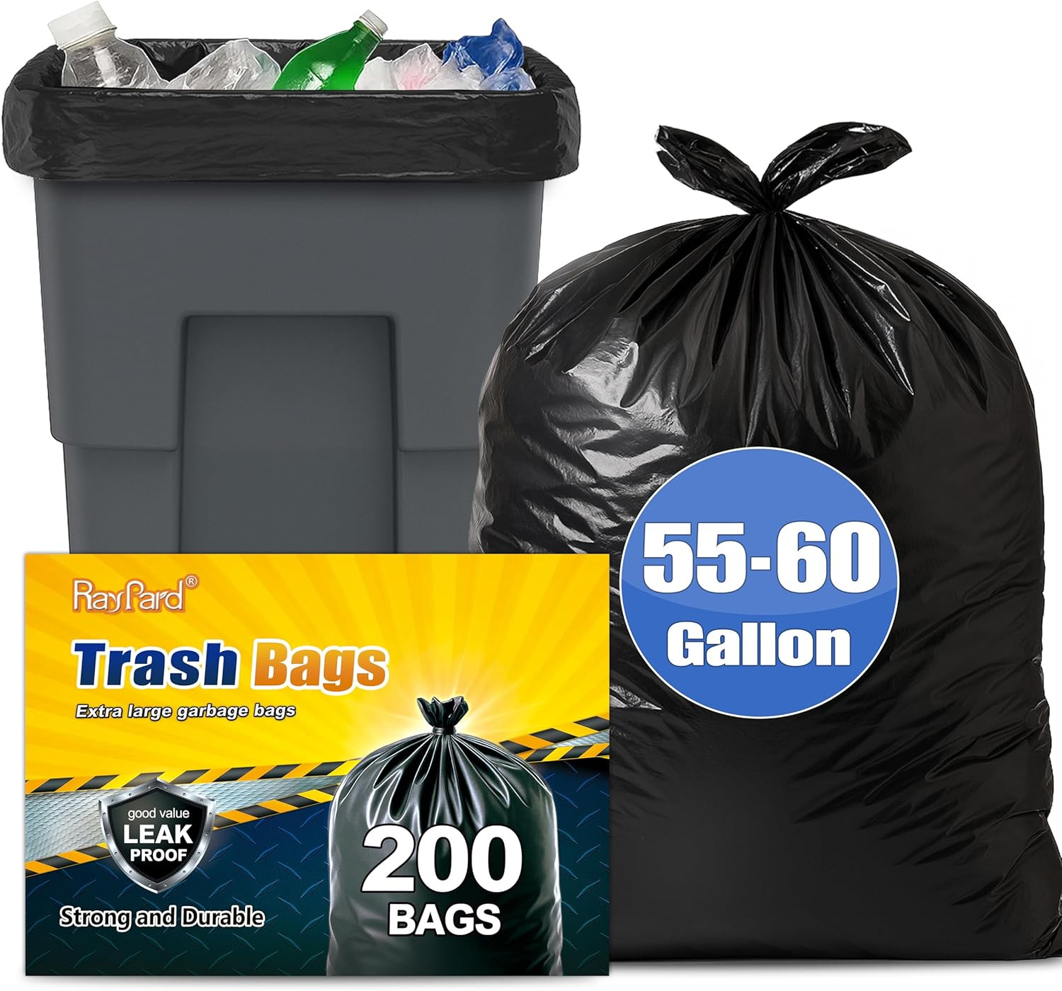 55-60 Gallon Black Trash Bags 200 Bags by Extra Large Multi-Use Heavy Duty Comm