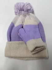 Toddler Beanie Hat Mittens Set Purple White Knitted Pom Pom Winter Warm Wear