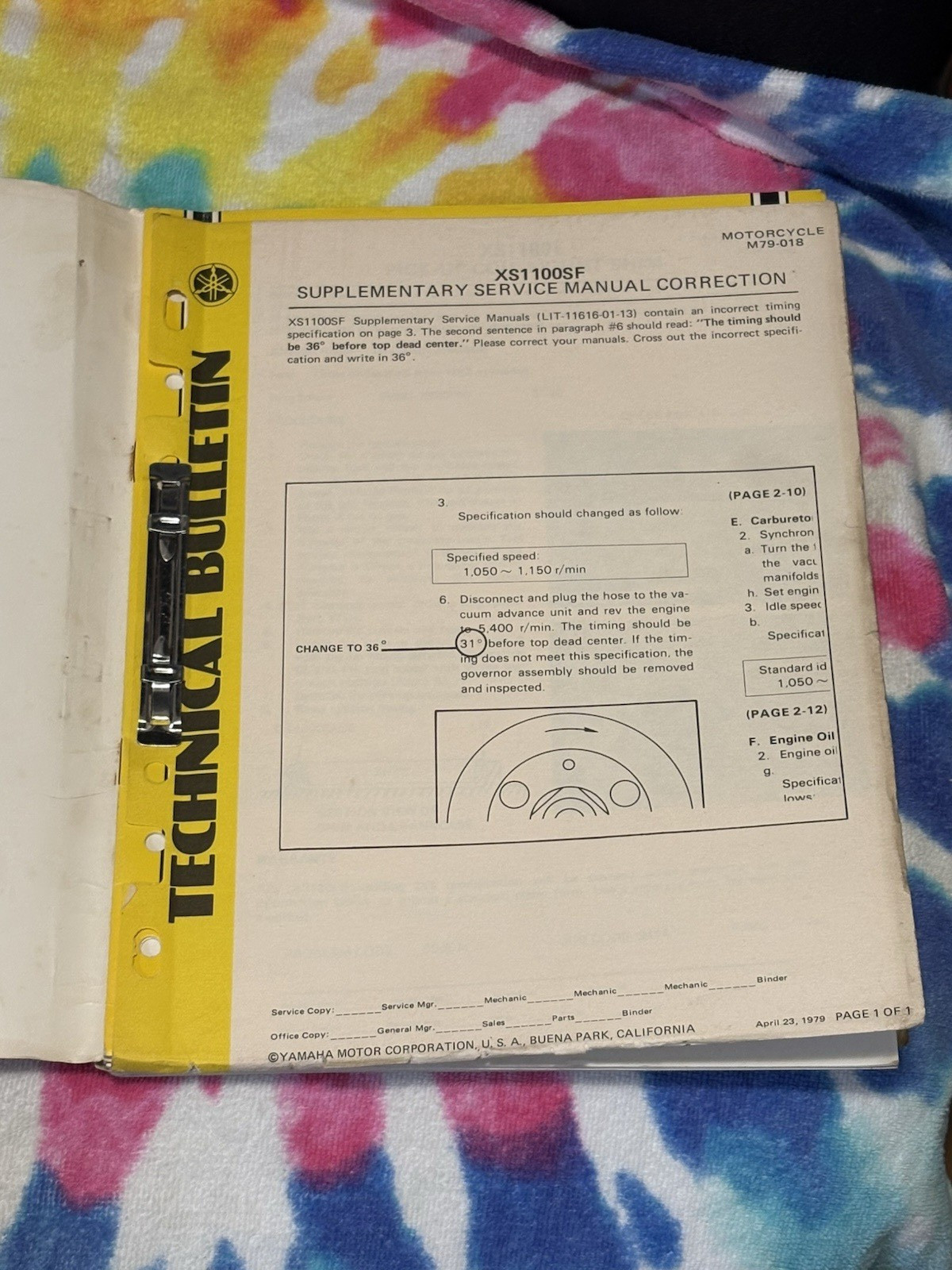 Original 1978 Yamaha XS1100E Motorcycle Service & 1100F SF Supplementary Manual