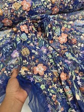 Royal Blue Lace Fabric Sold By The Yard Multicolor Embroidery 3d Floral