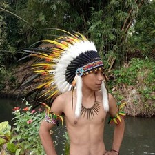 Small White Yellow / White Blue Feather Indian Warbonnet Hat Halloween Cosplay