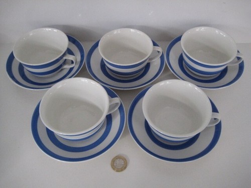 5 x VINTAGE T G GREEN CORNISHWARE CORNISH BLUE STRIPE TEA CUPS AND SAUCERS SET - Picture 3 of 22
