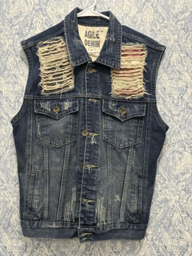 Agile Denim Ripped Flag Sleeveless Button Closure Jean Vest Jacket America Large - Picture 1 of 7