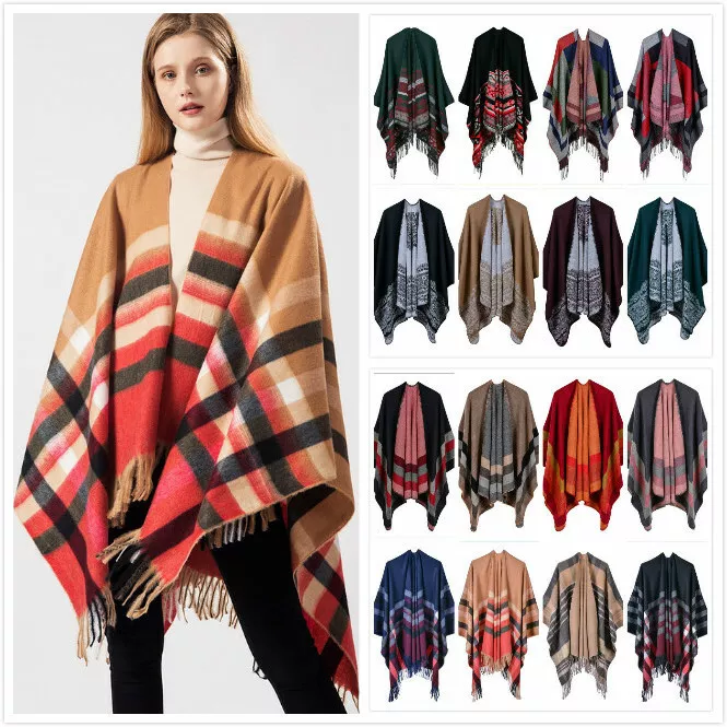 Women Ladies Knitted Open Cape Blanket Winter Tassels Wrap Shawl | eBay