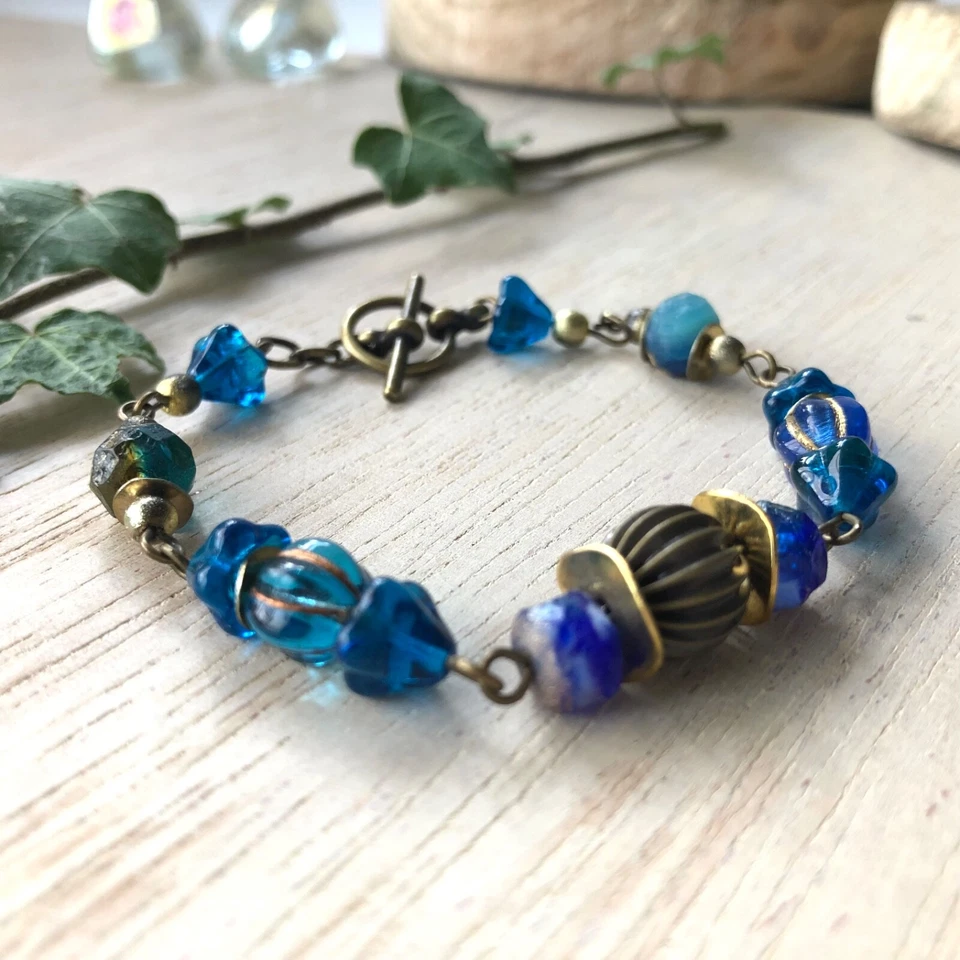 Blue Vintage Style Bracelet. Czech Glass Beaded Boho Bracelet. UK Handmade - Image 2 of 4