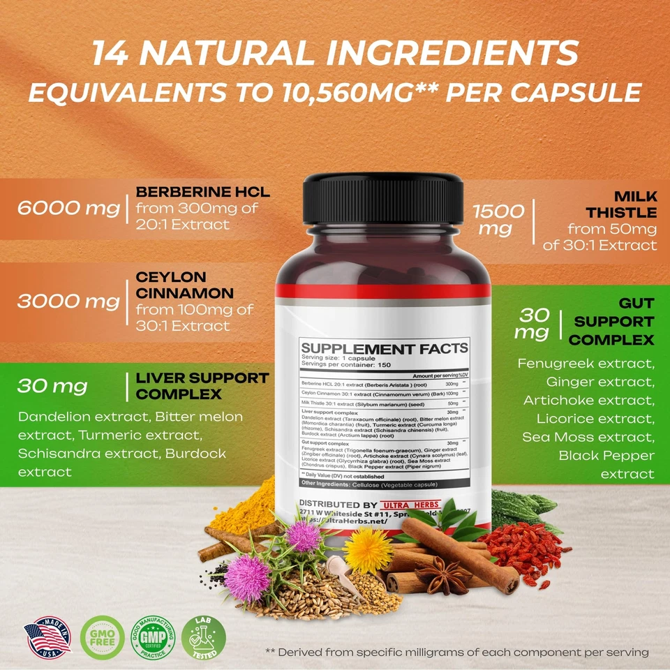 ULTRA HERBS Berberina Premium 12.200MG com Canela, Cardo de Leite *Feito nos EUA... - Imagem 3 de 4
