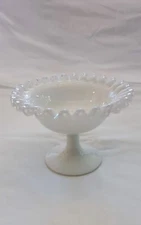 Fenton White Milk Glass Silver Crest Ruffled Footed 4" Compote Bowl #680 1960's